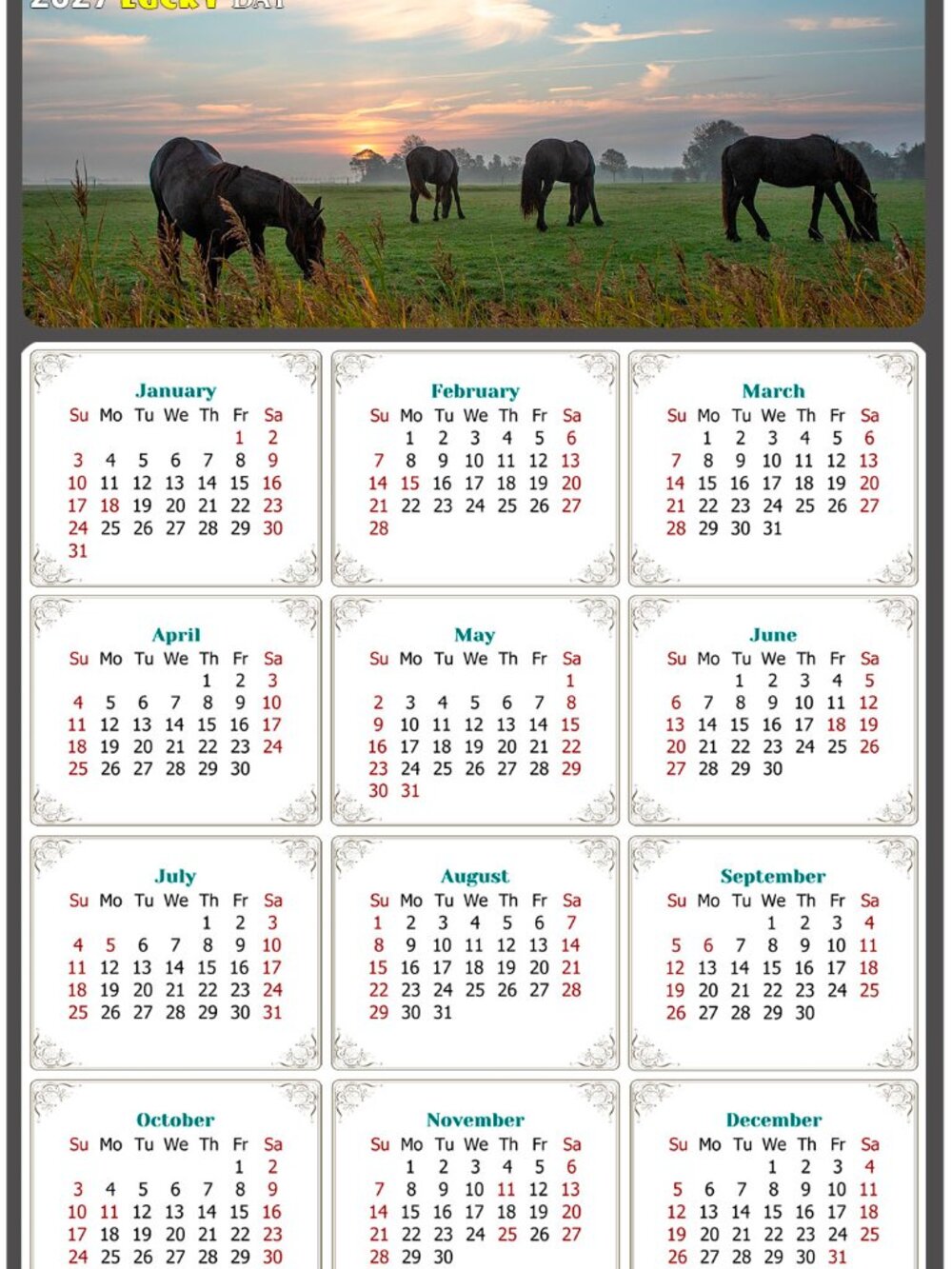2027 Magnetic Calendar - Today is my Lucky Day - Horses Themed 04 (5.25 x 8)